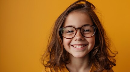 Smiling young girl with glasses and freckles against a yellow background.