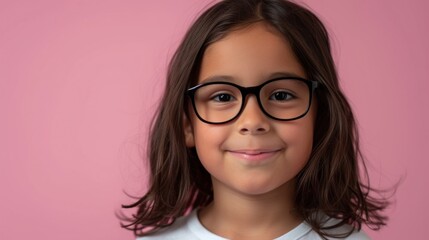Fototapeta premium Young girl with glasses smiling against pink background.