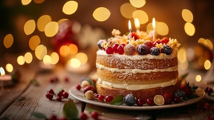 A festive sponge cake adorned with fresh berries, a lit candle, and dusting of powdered sugar, set against a backdrop of warm, glowing lights.