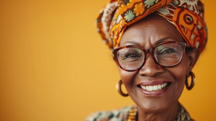 Smiling woman with glasses and colorful headscarf against yellow background. - obrazy, fototapety, plakaty