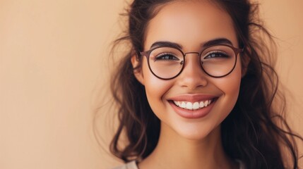 Fototapeta premium Young woman with glasses smiling and looking directly at the camera with a warm inviting expression.