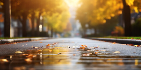Autumn leaves on the asphalt road in the city. Abstract background