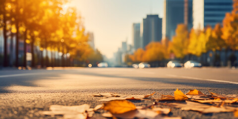 Autumn leaves on the asphalt road in the city. Abstract background