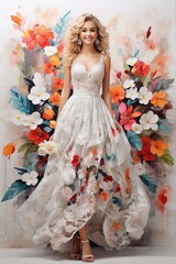 Hand drawn beauty woman with lace dress. Watercolor abstract portrait of sexy girl. Painting fashion illustration