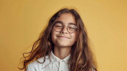 Young girl with long brown hair and glasses smiling against a yellow background.