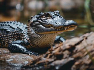 Fototapeta premium Dangerous alligator patiently waiting on a river bank.