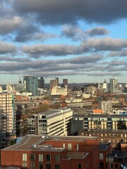 Aerial view of Manchester skyline with modern buildings and landmarks. Manchester England. 