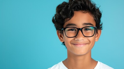 Young boy with curly hair and glasses, smiling against a blue background.