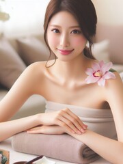 Naklejka premium Beautiful asian woman in spa beauty salon