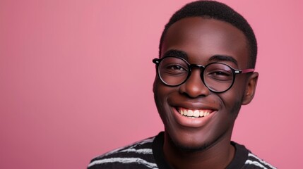 Young man with glasses smiling against pink background.