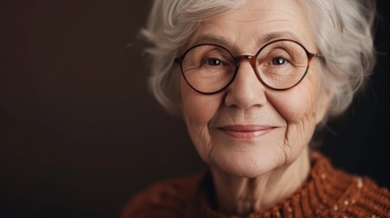 A close-up portrait of an elderly woman with white hair wearing glasses and smiling gently.