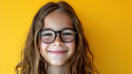 A young girl with freckles and glasses smiling against a yellow background.