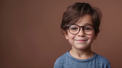 A young boy with glasses smiling at the camera wearing a blue shirt against a brown background.