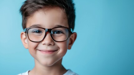 A young boy with glasses smiling at the camera against a blue background.