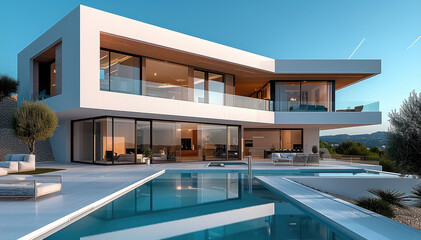 Obraz premium A white modern luxury home with swimming pool. Generative AI.
