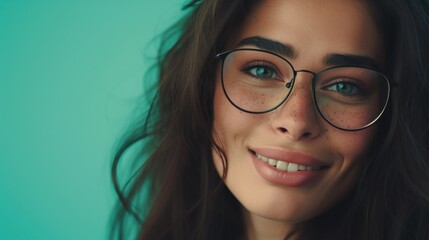 Obraz premium A close-up of a smiling woman with long dark hair wearing glasses and makeup against a teal background.