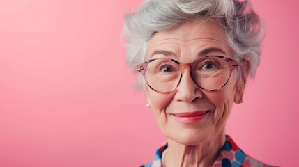 A smiling elderly woman with gray hair and glasses wearing a colorful polka dot top against a pink background.