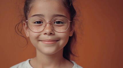 Young girl with glasses smiling against orange background.