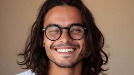 Smiling man with long hair and round glasses.
