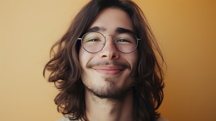 A young man with long hair and glasses smiling against a warm yellow background.