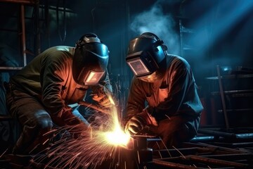 Two welders in working coverall are working on pipe welding. Two handymen welding and grinding at their workplace plant they wear a protective helmet and equipment. Industry steel work - obrazy, fototapety, plakaty