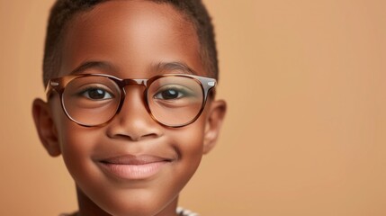 Young child with glasses smiling against a warm blurred background.