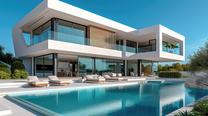A white modern luxury home with swimming pool. Generative AI.