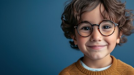 A young child with curly hair and glasses wearing a brown sweater smiling against a blue background.