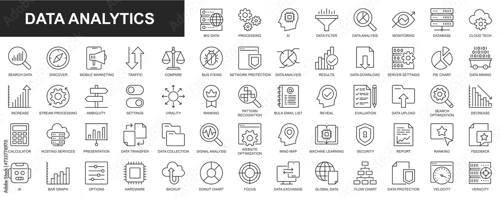 Aufkleber Data analytics web icons set in thin line design. Pack of database, big data process, ai, monitoring, traffic, hosting service, optimization, backup, chart and other. Outline stroke pictograms
