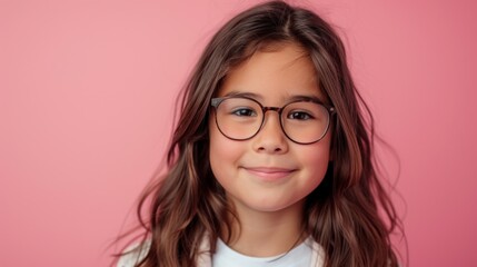 Young girl with glasses and a smile against a pink background.