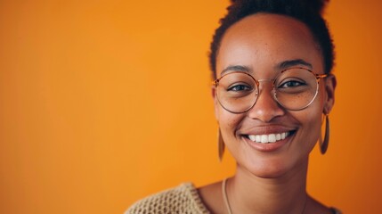 Smiling woman with glasses and earrings against orange background. - Powered by Adobe