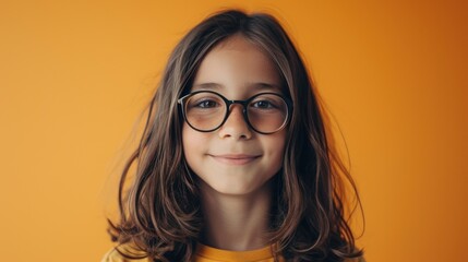 Obraz premium Young girl with glasses smiling against orange background.