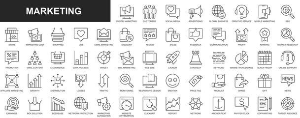 Marketing web icons set in thin line design. Pack of social media, advertising, global business, seo, viral content, online shopping, review, sale, feedback and other. Outline stroke pictograms