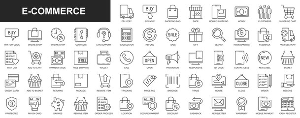 E-commerce web icons set in thin line design. Pack of mobile shopping, delivery, payment, feedback, add to cart, wish list, refund, sales, tracking package and other. Outline stroke pictograms