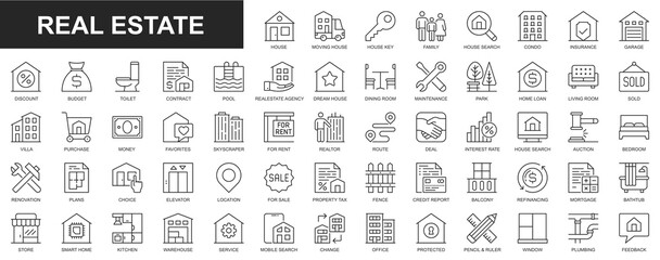 Real estate web icons set in thin line design. Pack of house, moving home, key, insurance, garage, budget, contract, realtor agency, mortgage, loan, property, other. Outline stroke pictograms