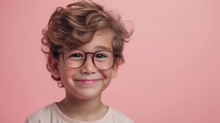 Young boy with curly hair and glasses smiling against a pink background.
