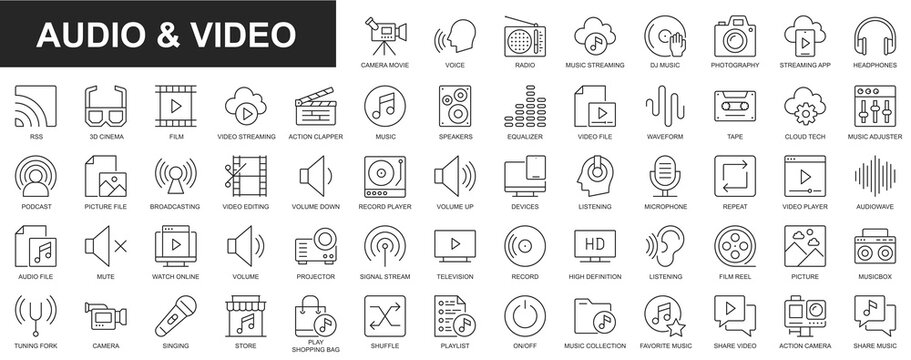 Audio and video web icons set in thin line design. Pack of camera movie, voice, radio, music streaming, photography, headphones, cinema, podcast, broadcasting, other. Outline stroke pictograms