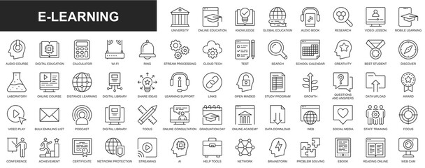 E-learning web icons set in thin line design. Pack of university, online education, knowledge, global, audio book, video lesson, course, cloud processing, test, other. Outline stroke pictograms