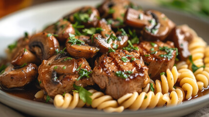 A veal scallopini with mushrooms and spiral pasta, presented beautifully in a bowl. Generative AI.