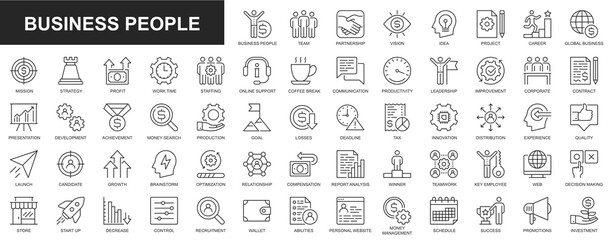 Business people web icons set in thin line design. Pack of team, partnership, vision, idea, project, career, mission, report, profit, work time, online support, other. Outline stroke pictograms - obrazy, fototapety, plakaty
