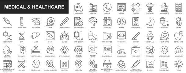 Fototapeta na wymiar Medical and healthcare web icons set in thin line design. Pack of ambulance, hospital, calling, license, pharmacy, microscope, vaccination, help, health care, other. Outline stroke pictograms