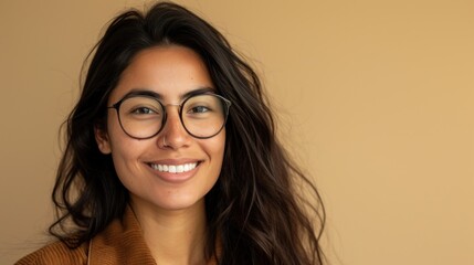 Young woman with long dark hair wearing glasses smiling at the camera against a beige background.