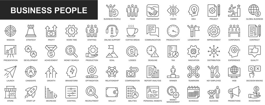 Business people web icons set in thin line design. Pack of team, partnership, vision, idea, project, career, mission, report, profit, work time, online support, other. Outline stroke pictograms