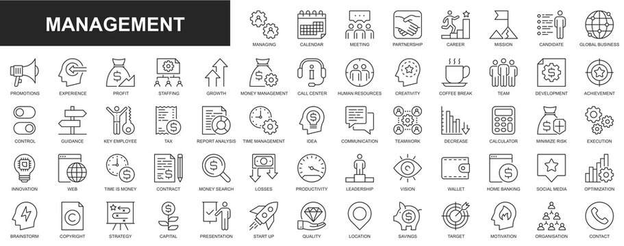 Management web icons set in thin line design. Pack of meeting, partnership, career, mission, global business, promotion, experiment, profit, staff productivity, other. Outline stroke pictograms
