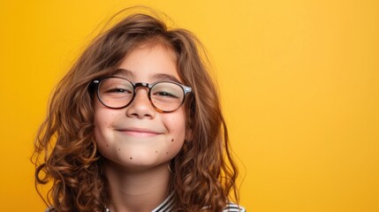 A young girl with curly hair and glasses smiling against a bright yellow background.