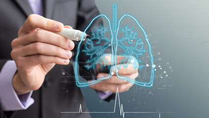 Tablet,Medical technology and futuristic concept.Digital healthcare and network on modern virtual screen, Lung, body Health Check with digital system support for patient with medical icon at hospital.