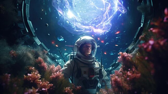 Astronaut bathed in ethereal blue light energy amidst the cosmos Seamless looping 4k time-lapse virtual video animation background. Generated AI