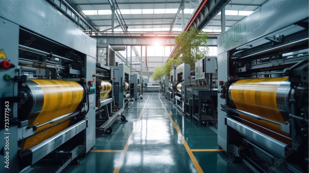 Poster An industrial printing machine which uses an environmentally-friendly ink the printing machine is in a clean. Generative AI.