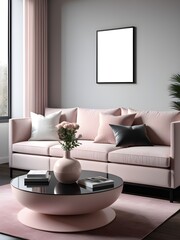 Mockup frame on the wall of modern pink living room. Interior mockup design