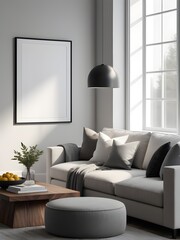 Mockup poster frame on the wall of modern minimalist living room. Home interior mockup